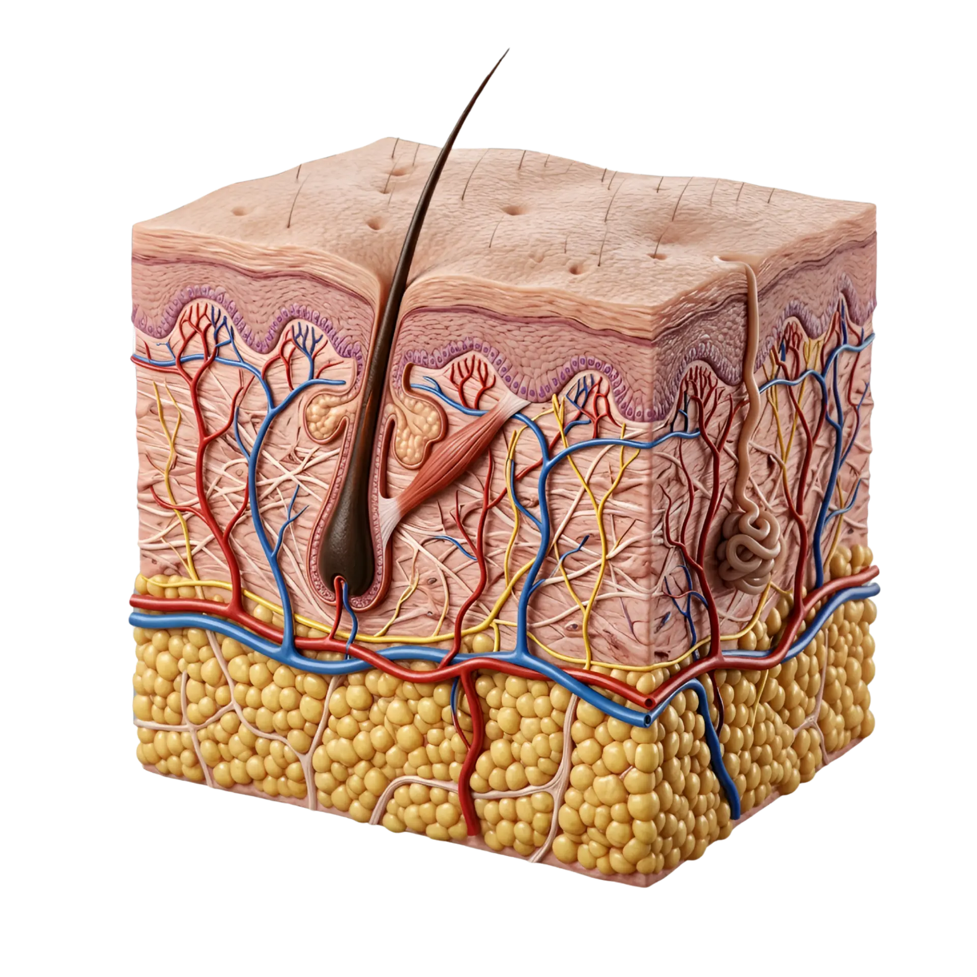 Ilustração das camadas da pele: epiderme, derme e hipoderme